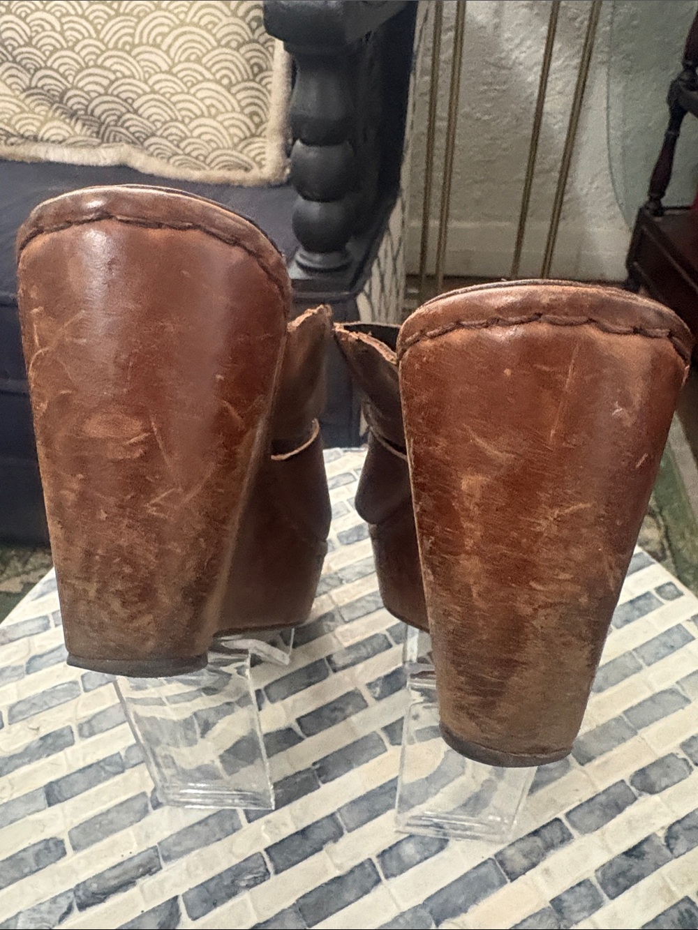 Y2K Born Brown Leather Wedge Mules Open-Toe Slide Clogs size 7 - Picture 4 of 7